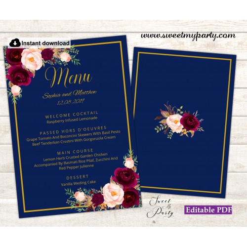 Navy burgundy menu card template,Navy burgundy menus,(147w)